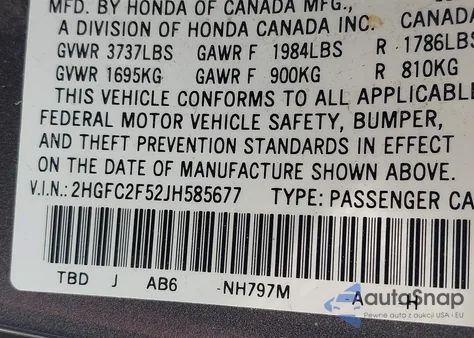 2018 Honda Civic Lx z USA, uszkodzony, nr VIN 2HGFC2F52JH585677